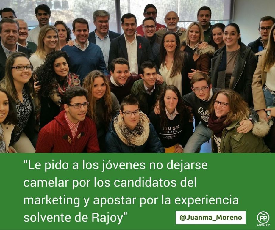 . @Juanma_Moreno «Le pido a los jóvenes que no se dejen camelar por los candidatos del marketing y apuesten por @marianorajoy»